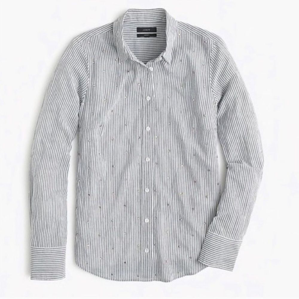 J. Crew Embellished Rhinestone Striped Perfect Button Down Shirt, Size 4 NWOT - Picture 1 of 11
